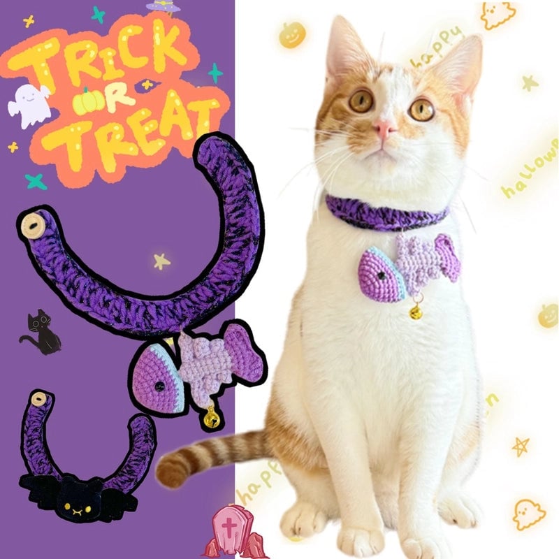 Halloween Cat Collar Crocheted Dried Minnows Small Bat Ornaments Cat Dog Wool Purple Scarf