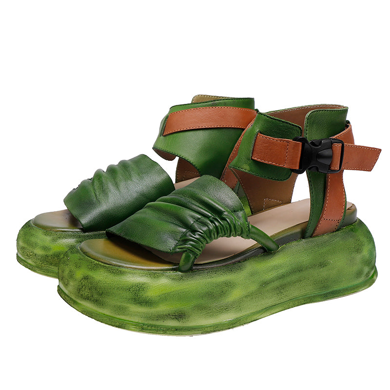 Fashion Peep Toe 65mm Platform Cowhide Slingback Sandals for Women with Buckle in Green/Black