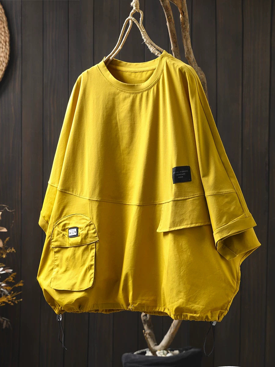 Women Summer Pocket Pure Color O-Neck Cotton Shirt