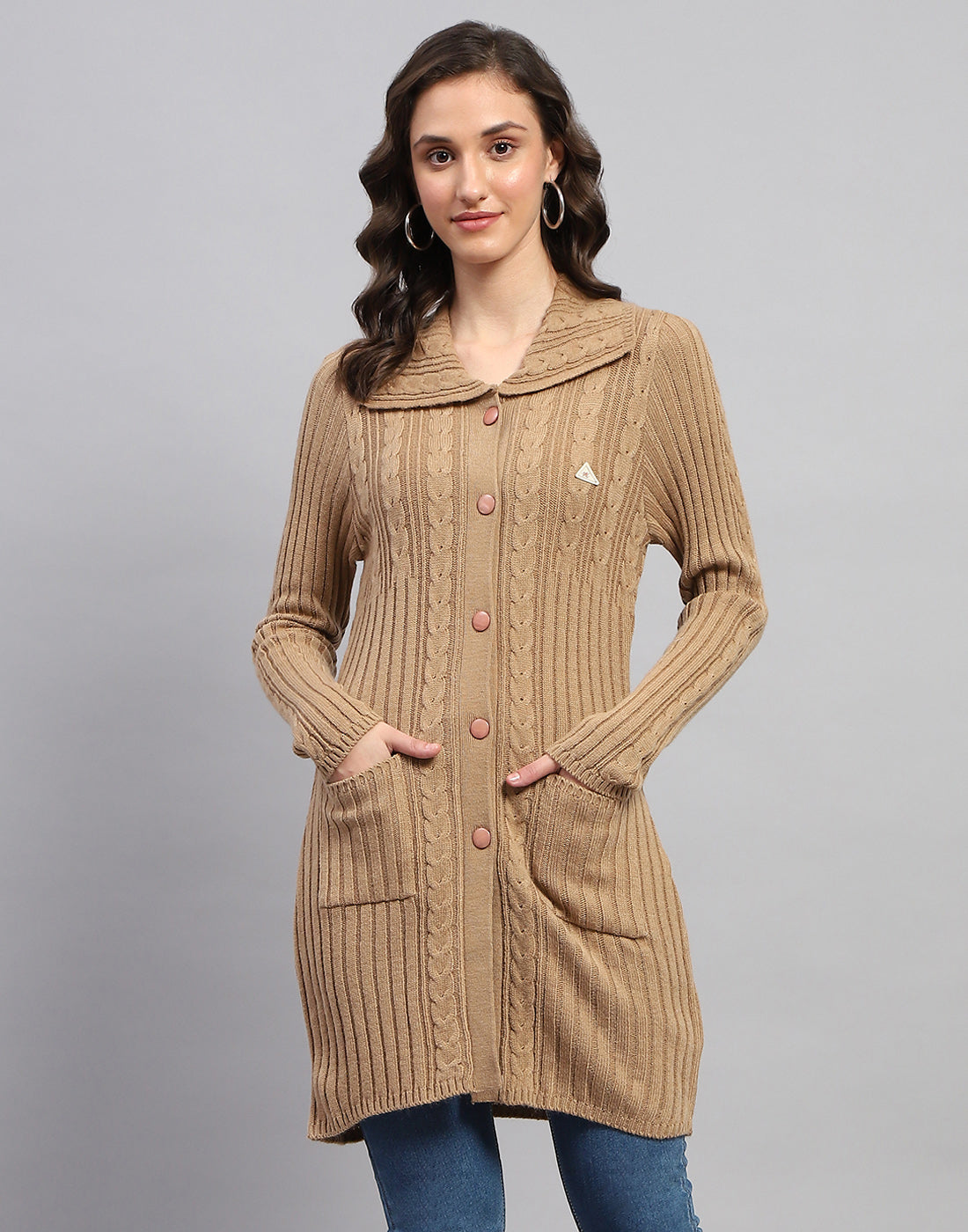 Women Brown Self Design Collar Full Sleeve Cardigan