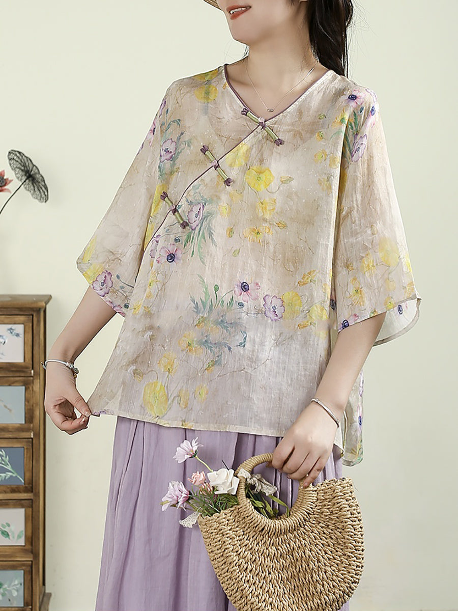 Women Summer Ethnic Flower V-Neck 100%Ramie Shirt