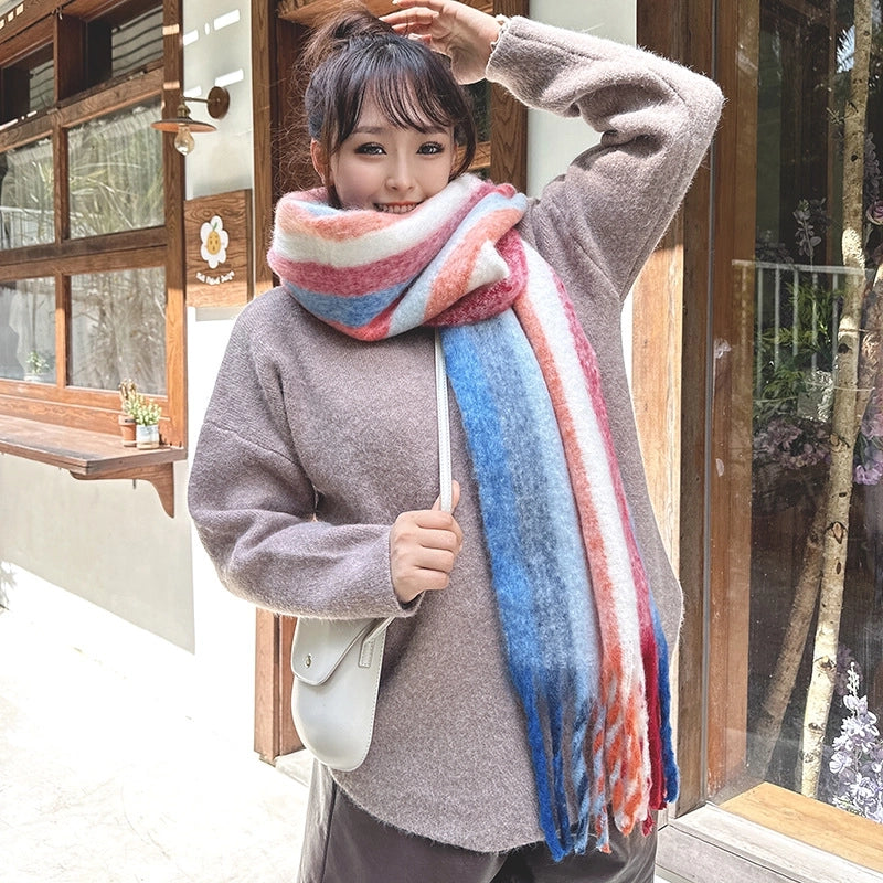 Latest Mohair Striped Tassel Scarf Fashion Geometric Gradient Shawl Versatile Thickened Scarf