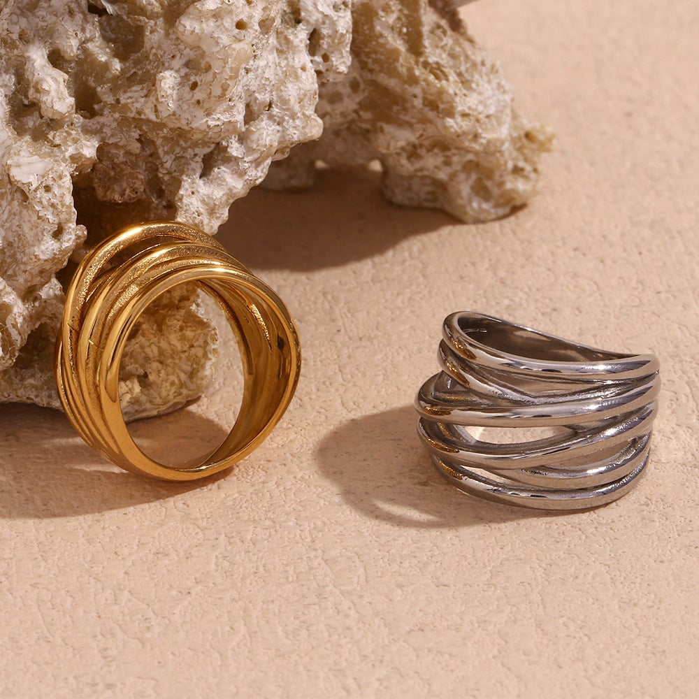 Vintage Fashion Retro Stripe Circle Geometric Stainless Steel 18K Gold Plated Rings