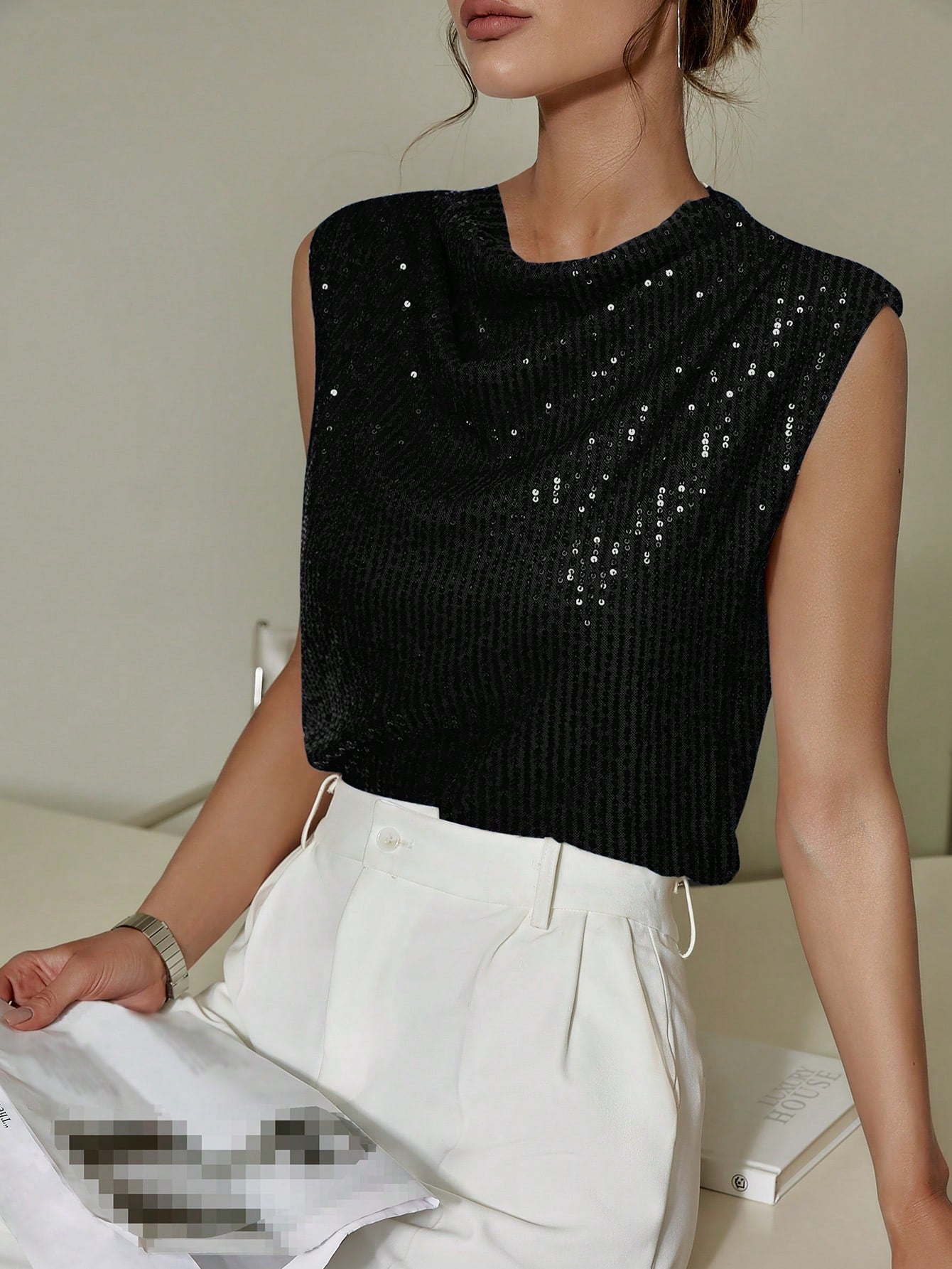 Cowl Neck Sleeveless Sequin Tank Top