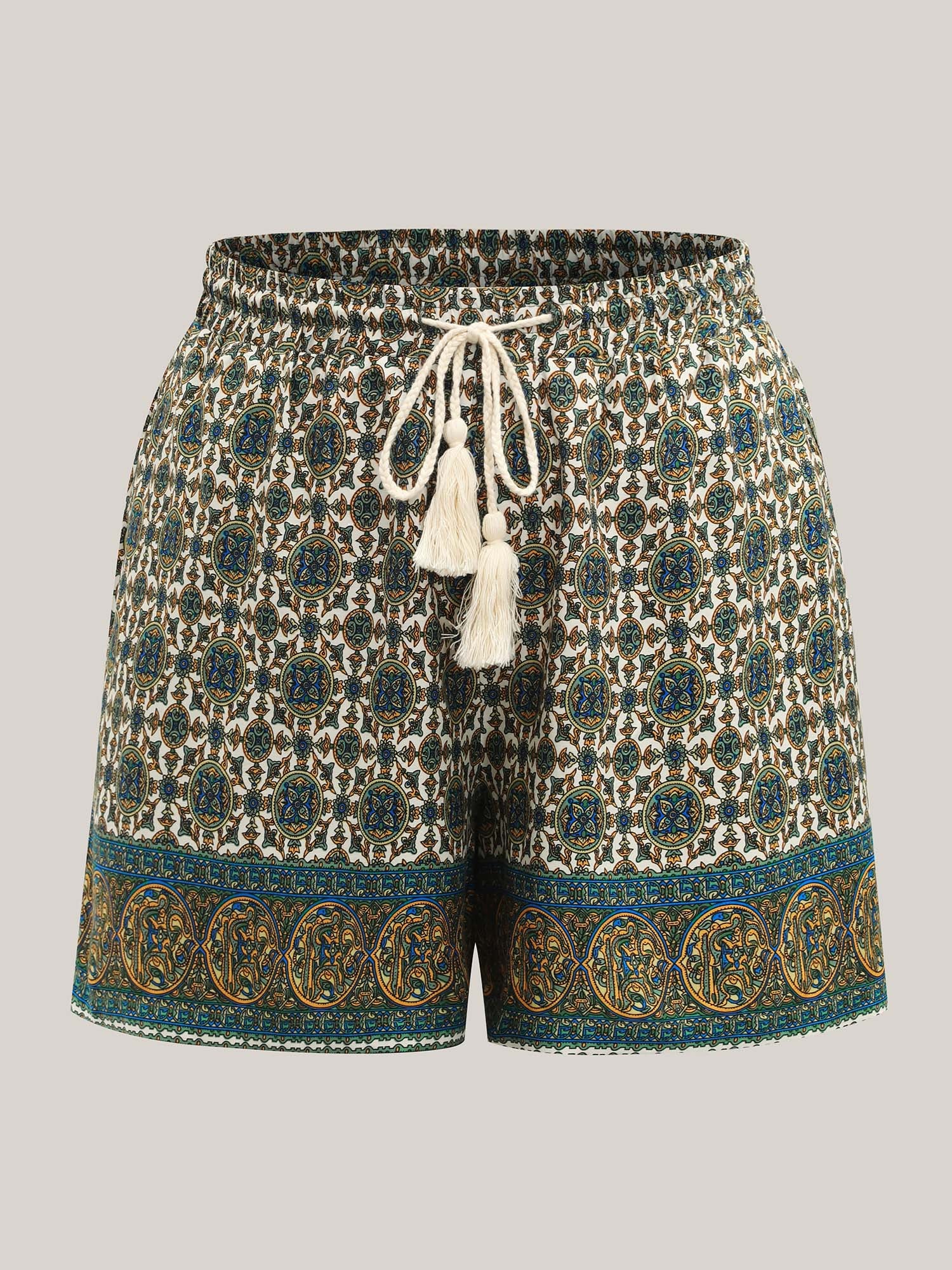 Boho Print Tassel Straight-Leg Shorts