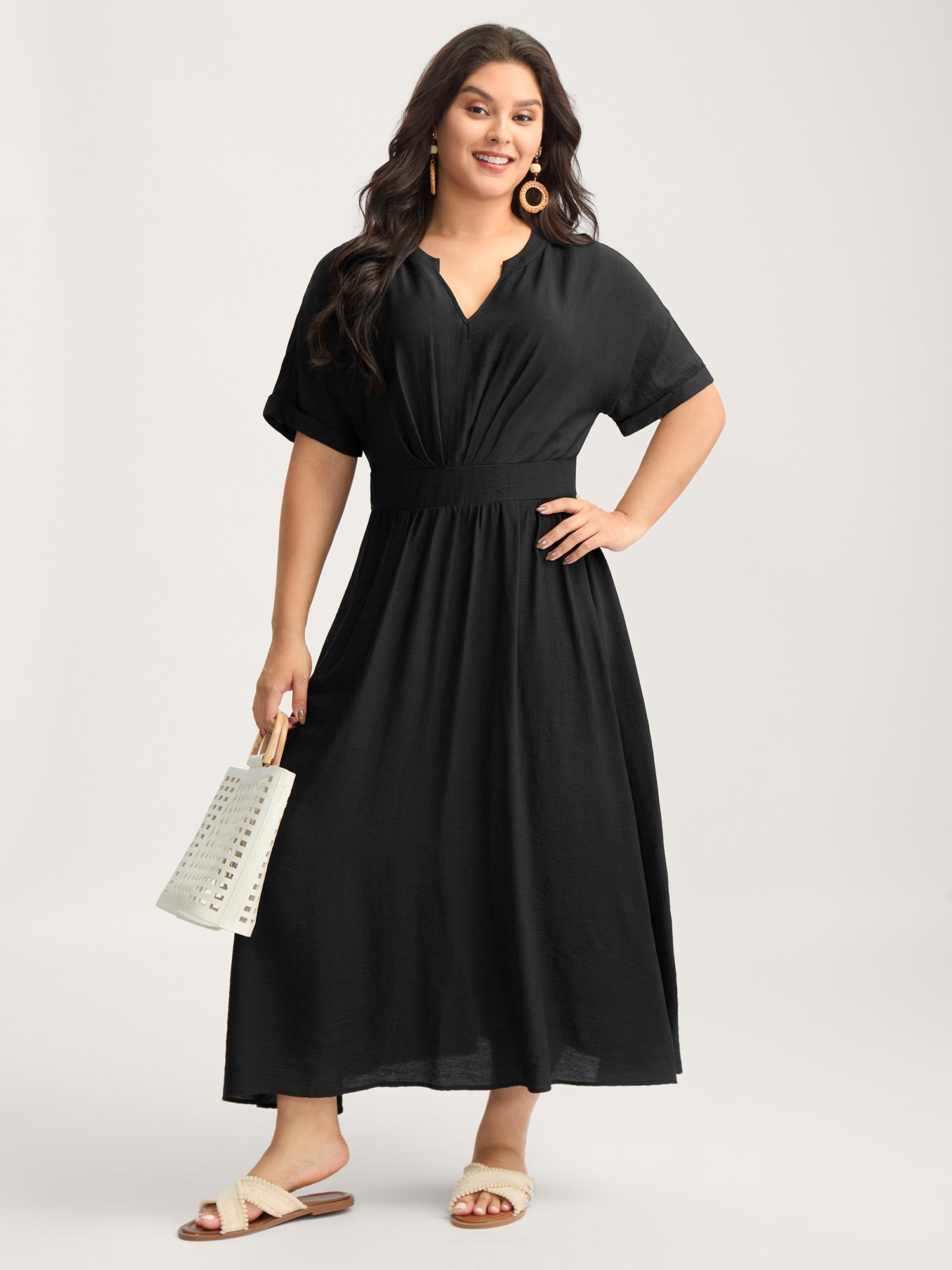 Pleated Cinched Waist Solid Midi Dress
