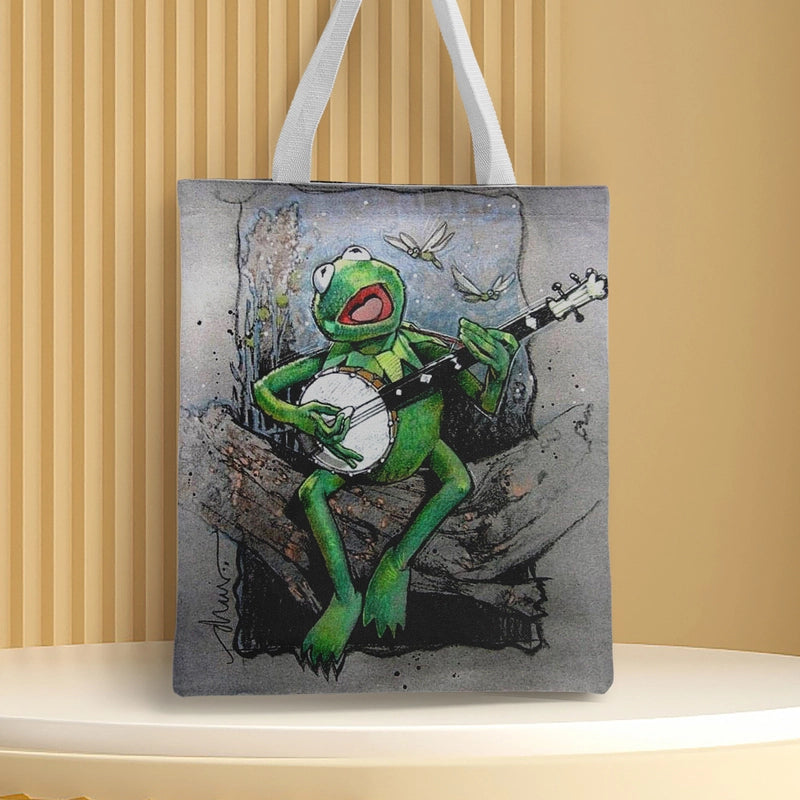 Women's Canvas Cartoon Frog Basic Classic Style Square Open Canvas Bag