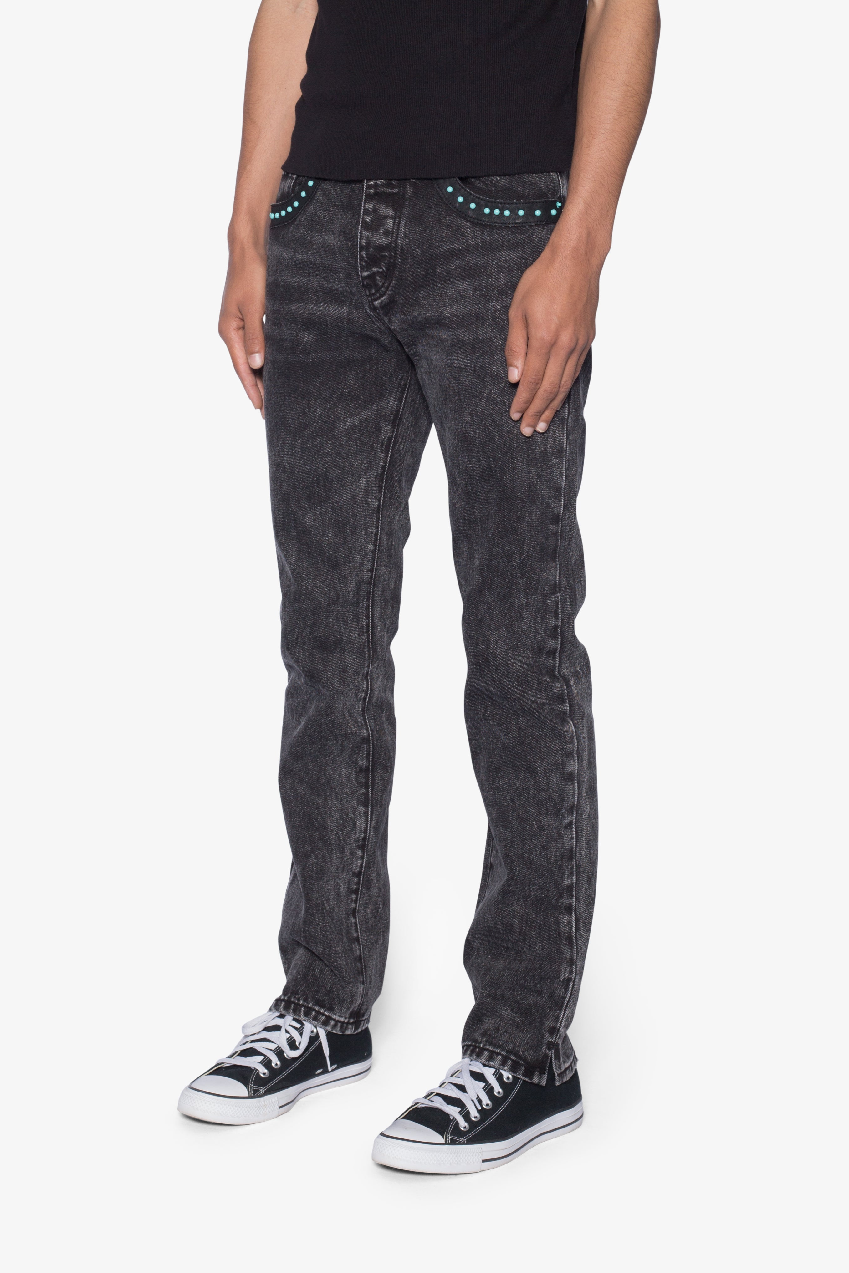 D701 Studded Turquoise Denim - Black