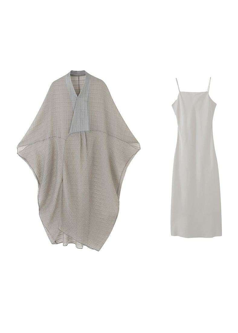 Beautiful Grey V Neck Patchwork Cotton Dress Two Piece Set Summer