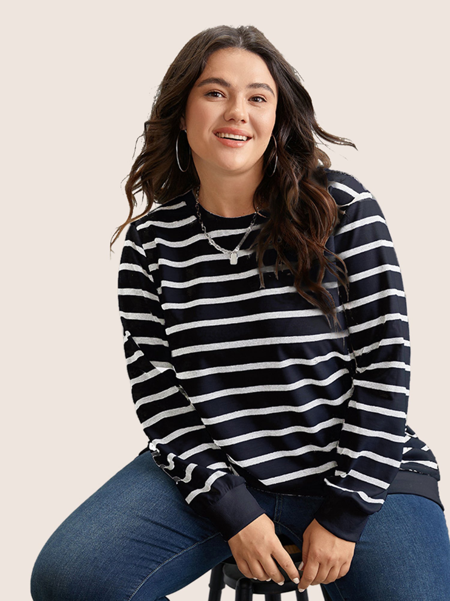 Rib Knit Striped Round Neck Sweatshirt