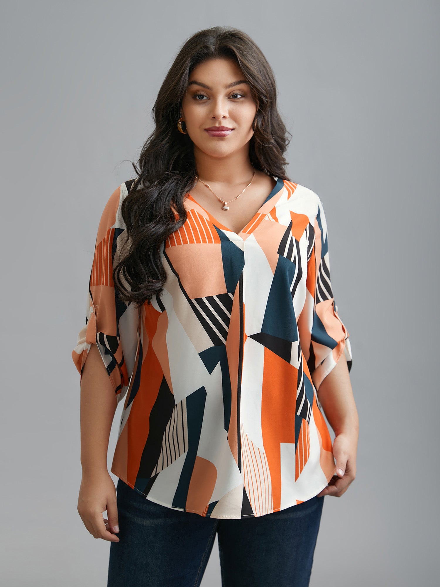 Abstract Print Tab Sleeve Blouse