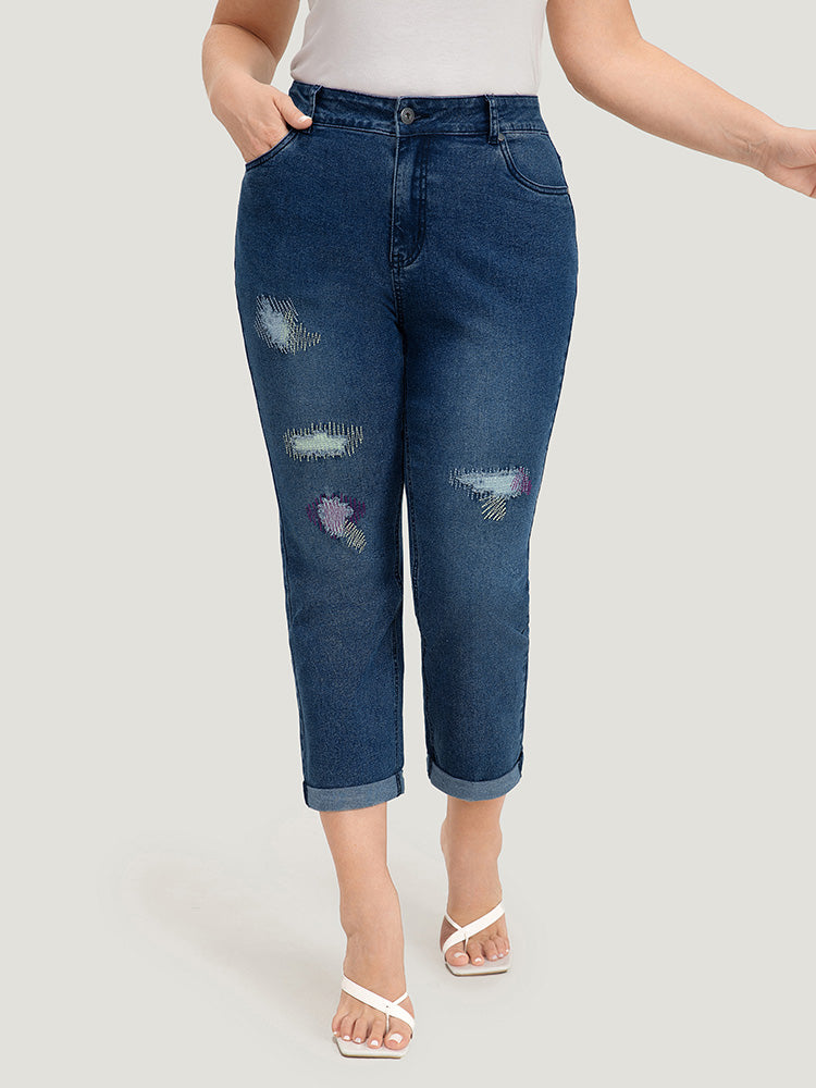 Ripped Embroidered Roll Hem Very Stretchy Jeans