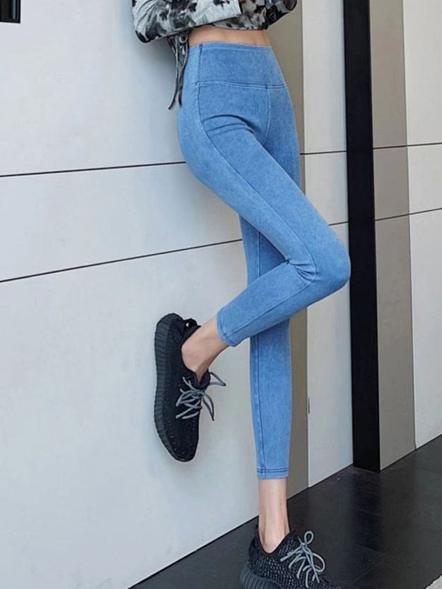 High elastic plain washed denim Leggings