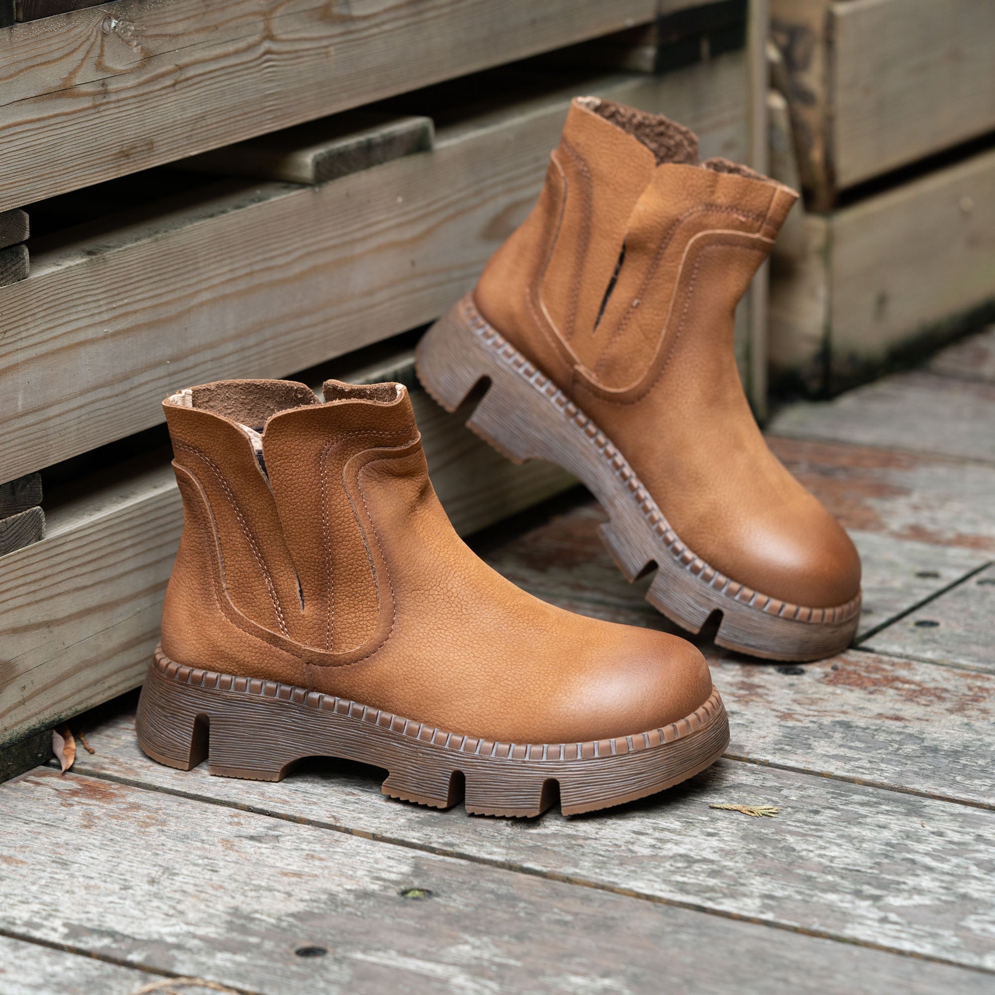 Retro Style Women's Handmade Chunky Chelsea Boots in Brown/Coffee