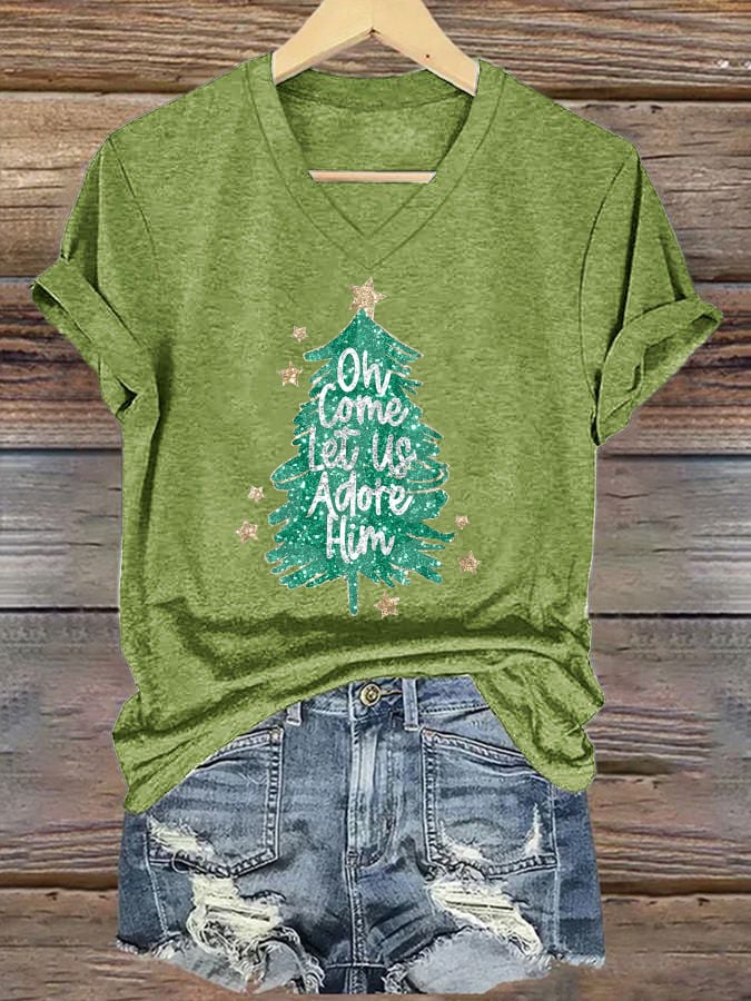 Women's Sequined Christmas Tree Print Casual T-shirt