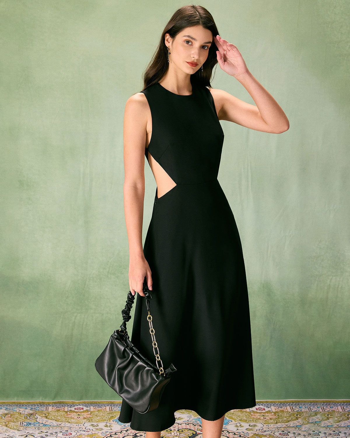 The Black Round Neck Cut-Out Midi Dress