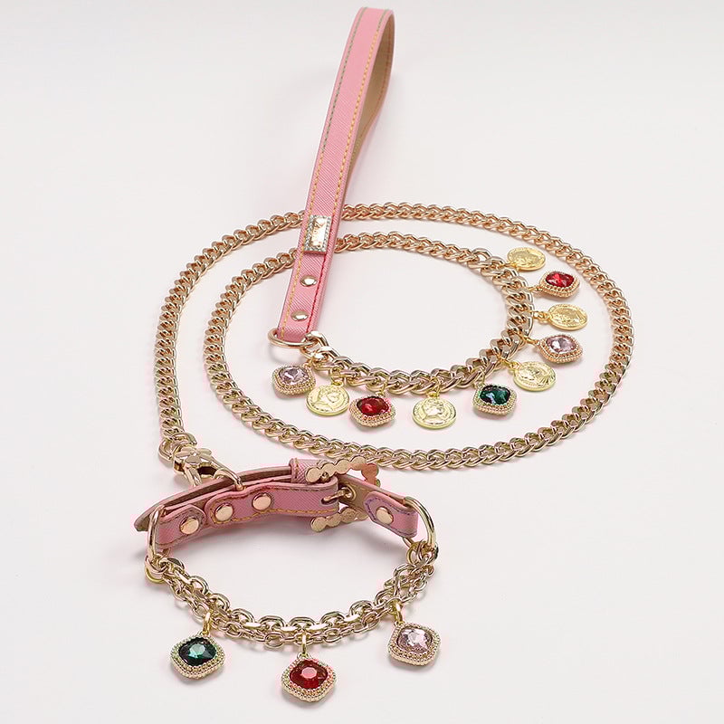 Multicolor Rhinestone Dog Cat Collar&Leash
