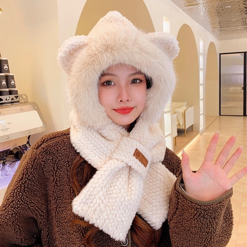 Cute Bear Ears Plush Hat Scarf Integrated Female Autumn And Winter Cycling Warm All-Matching Mask Ear Protection Scarf