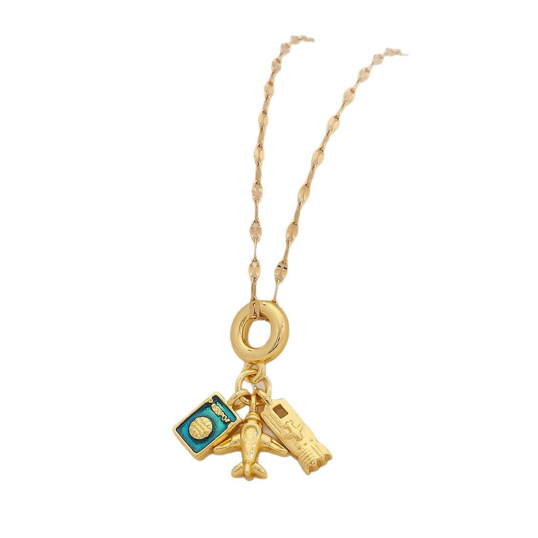 Dripping Oil Earth Airplane Suitcase Pendant Necklace Retro Color Preserving Accessories N1509