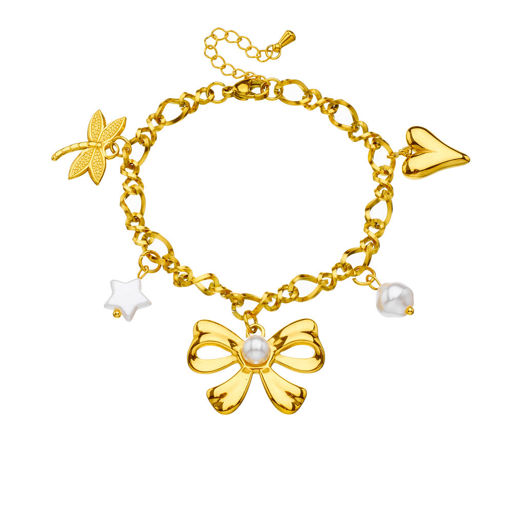 Fashion Gold-Plated Stainless Steel Bow Pearl Heart Dragonfly Five-Pointed Star Pendant Bracelet