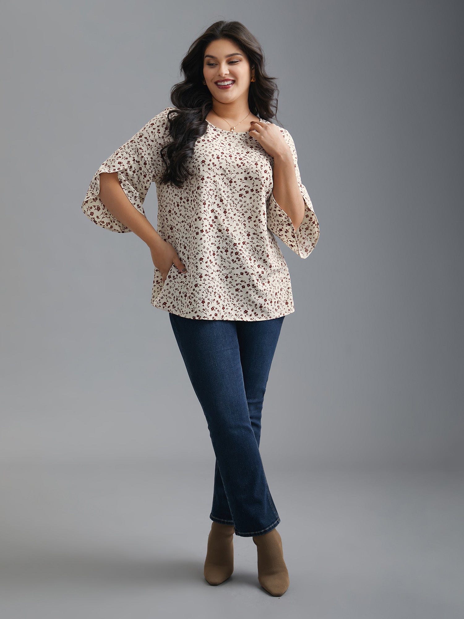 Crew Neck Ditsy Floral Bell Sleeve Blouse