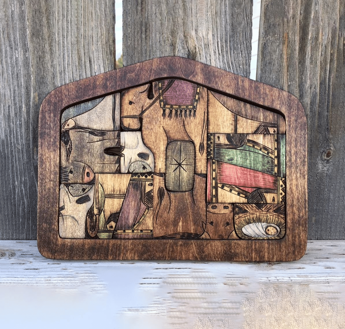 🧩💓Nativity Puzzle With Wood Burned Design Wooden Jesus Puzzles Set Jigsaw Game