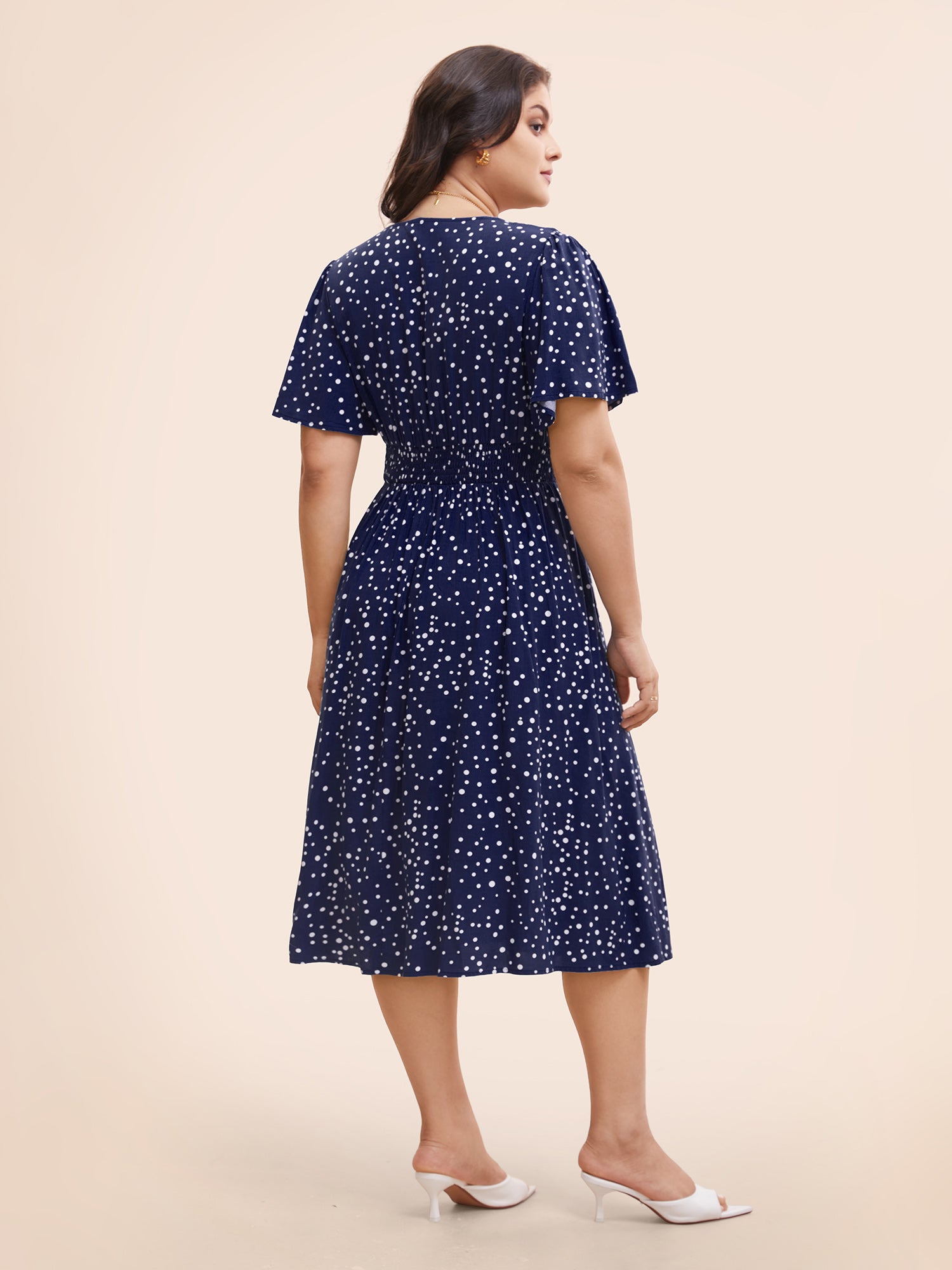 Polka Dot Wrap Pocket Shirred Ruffle Sleeve Dress