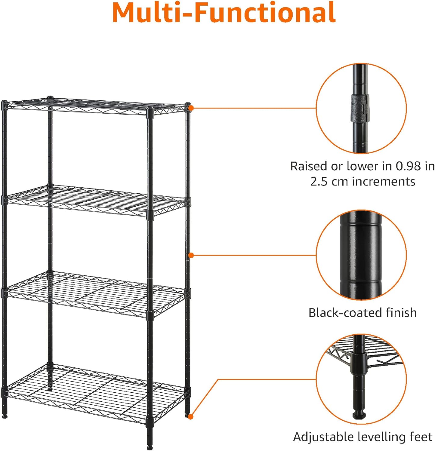 Amazon Basics 4-Shelf Steel Wire Storage Rack. Adjustable. Sturdy. Easy Assembly. 13.4 D x 23.2 W x 48 H in. Black