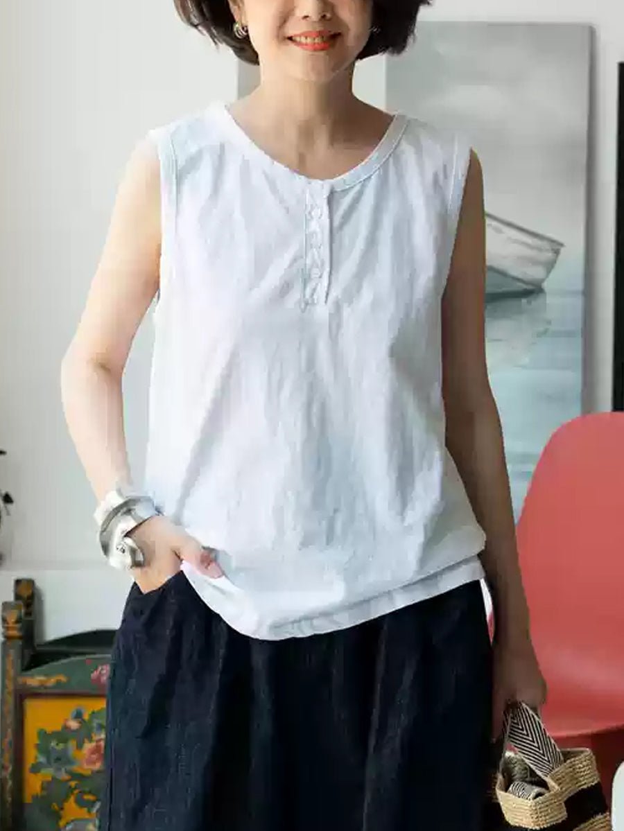 Women Summer Pure Color O-Neck 100%Cotton Vest