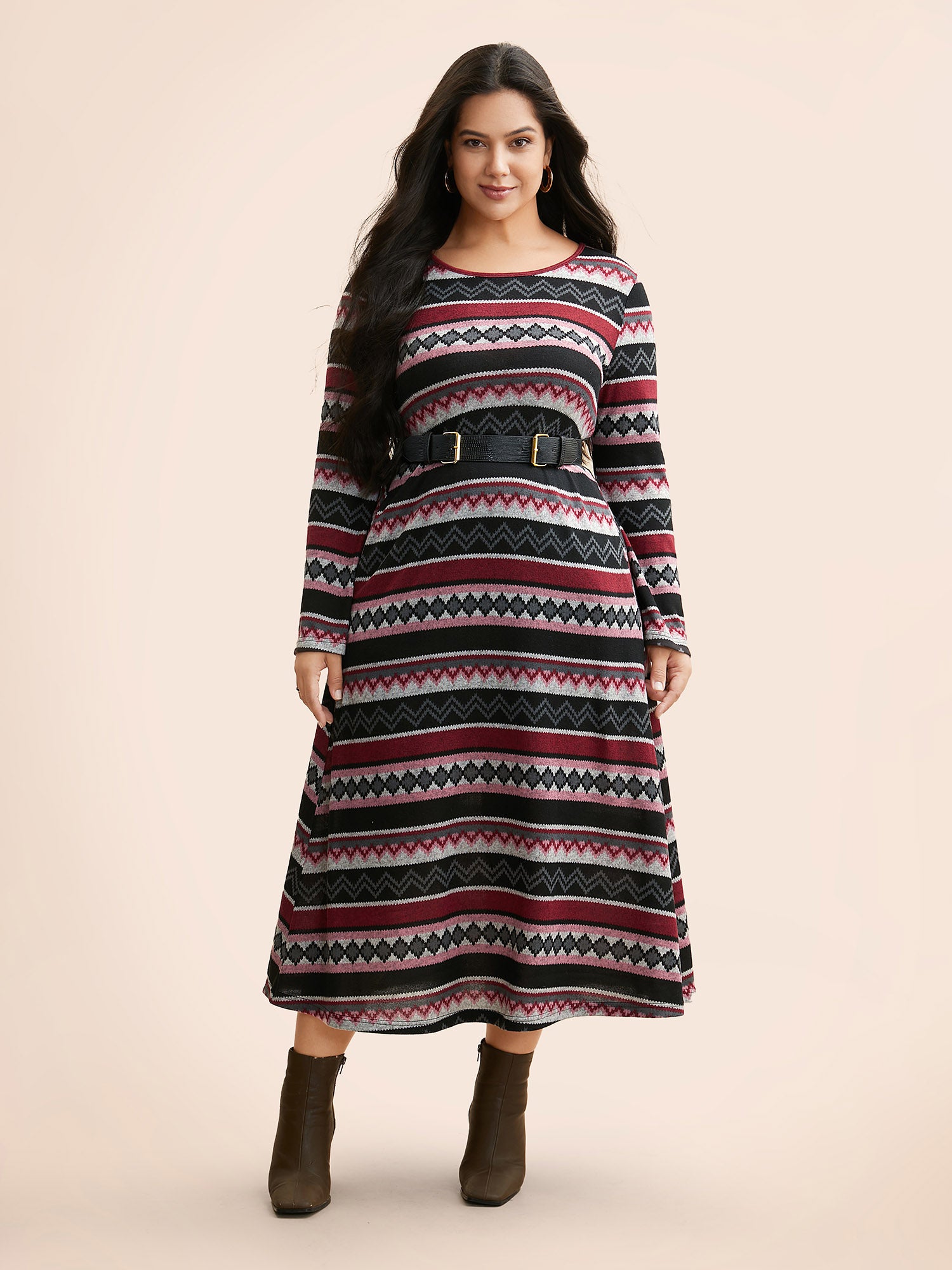 Geometric Striped Bell Sleeve Knit Dress