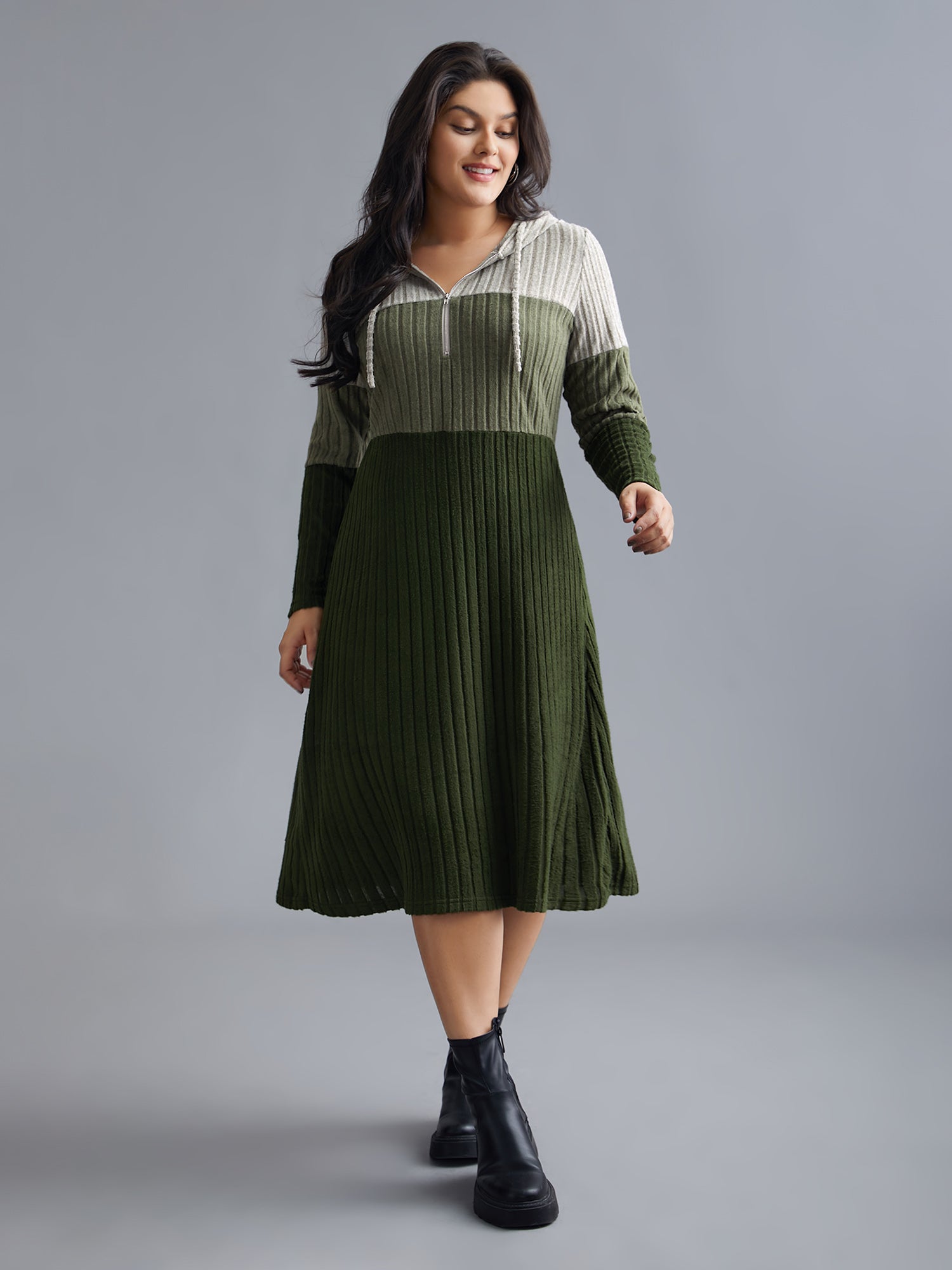 Hooded Half Zip Pit Strip Knit Dress