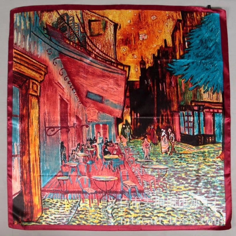 90cm Oil Painting Coffee House Alley Satin Ladies Large Square Scarf
