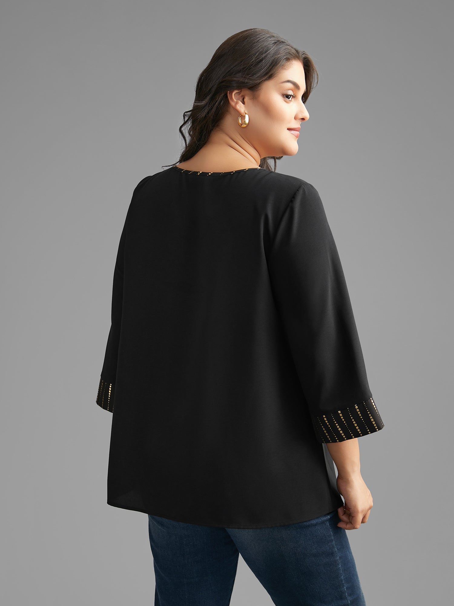 Crew Neck Glitter Patchwork Contrast Blouse