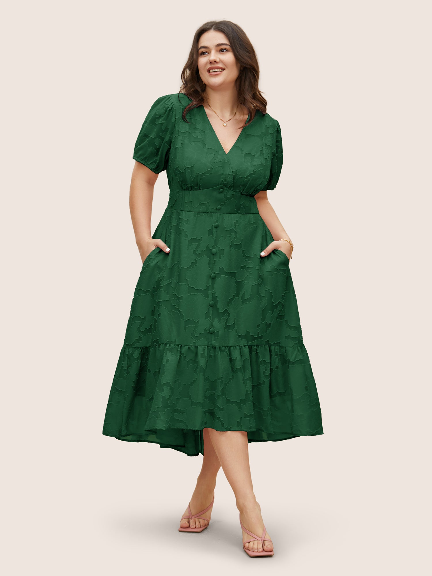 Solid Textured Lantern Sleeve Button Detail Dress