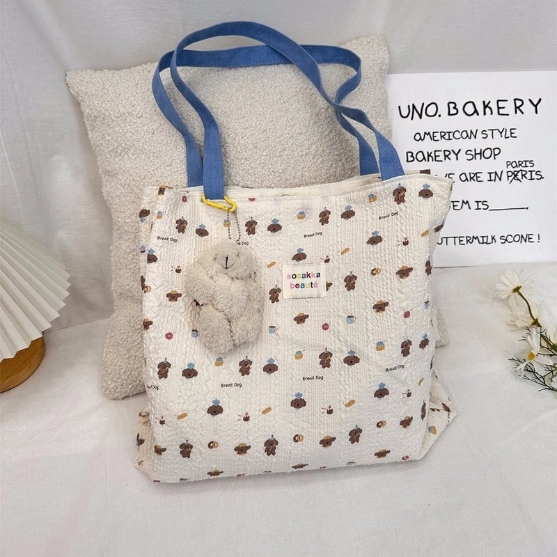 4431 Cute Sweet Printed Puppy Double Layer Canvas Bag Summer New Large Capacity Casual Portable Shoulder Bag