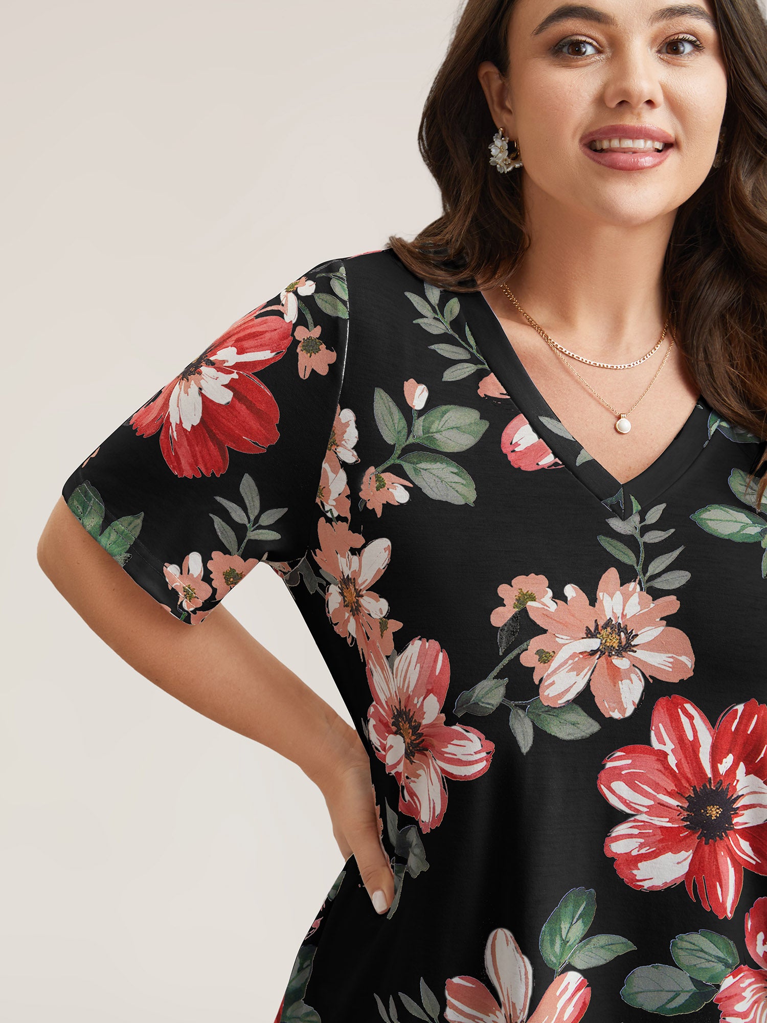 Multi-Color Floral Print V-Neck T-Shirt
