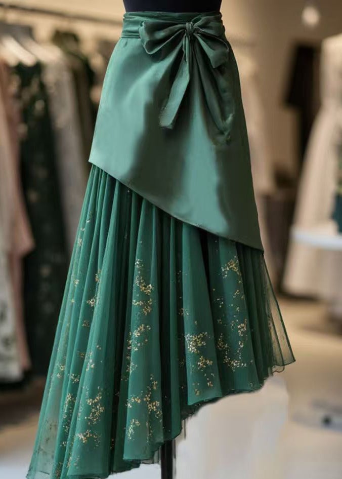 Fine Green Lace Up Chiffon Patchwork Skirts Spring