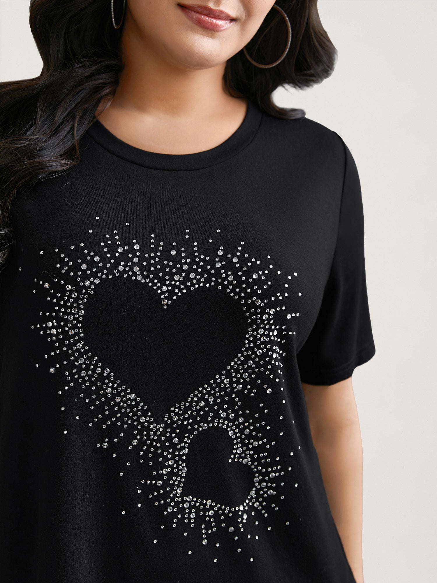 Crew Neck Rhinestone Heart T-Shirt