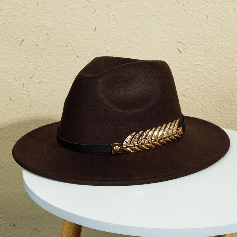 Unisex Retro Classic Style Leaves Solid Color Belt Buckle Wide Eaves Fedora Hat