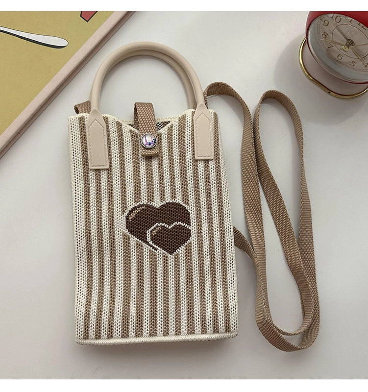 Unisex Small Knit Stripe Heart Shape Basic Vintage Style Weave Square Lock Clasp Phone Wallets