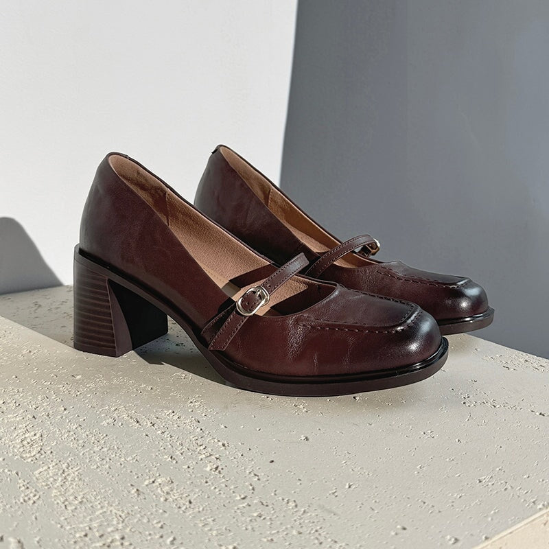 Women's Genuine Leather Mary Jane Pumps 65mm Block Heel in Brown/Black