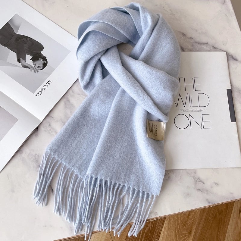 White Pure Wool Scarf Female Winter Student Warm Scarf New Versatile Tassel Narrow Scarf Couple