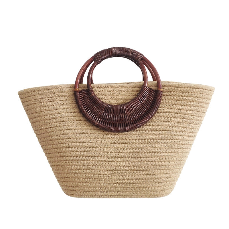3 Pieces Women's Large Cotton Solid Color Beach Weave Bucket Open Beach Bag