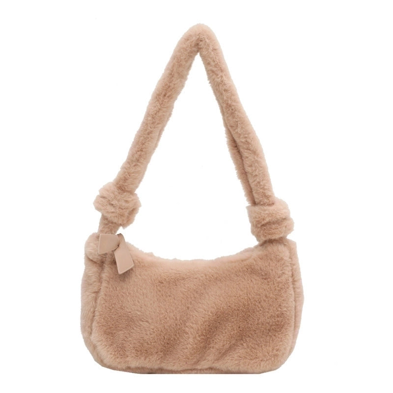 Korean Style Autumn And Winter Mao Solid Color Mini Bag Casual Fashion Internet Popular Underarm Women's Bag Fashionable Western Style Plush Handbag