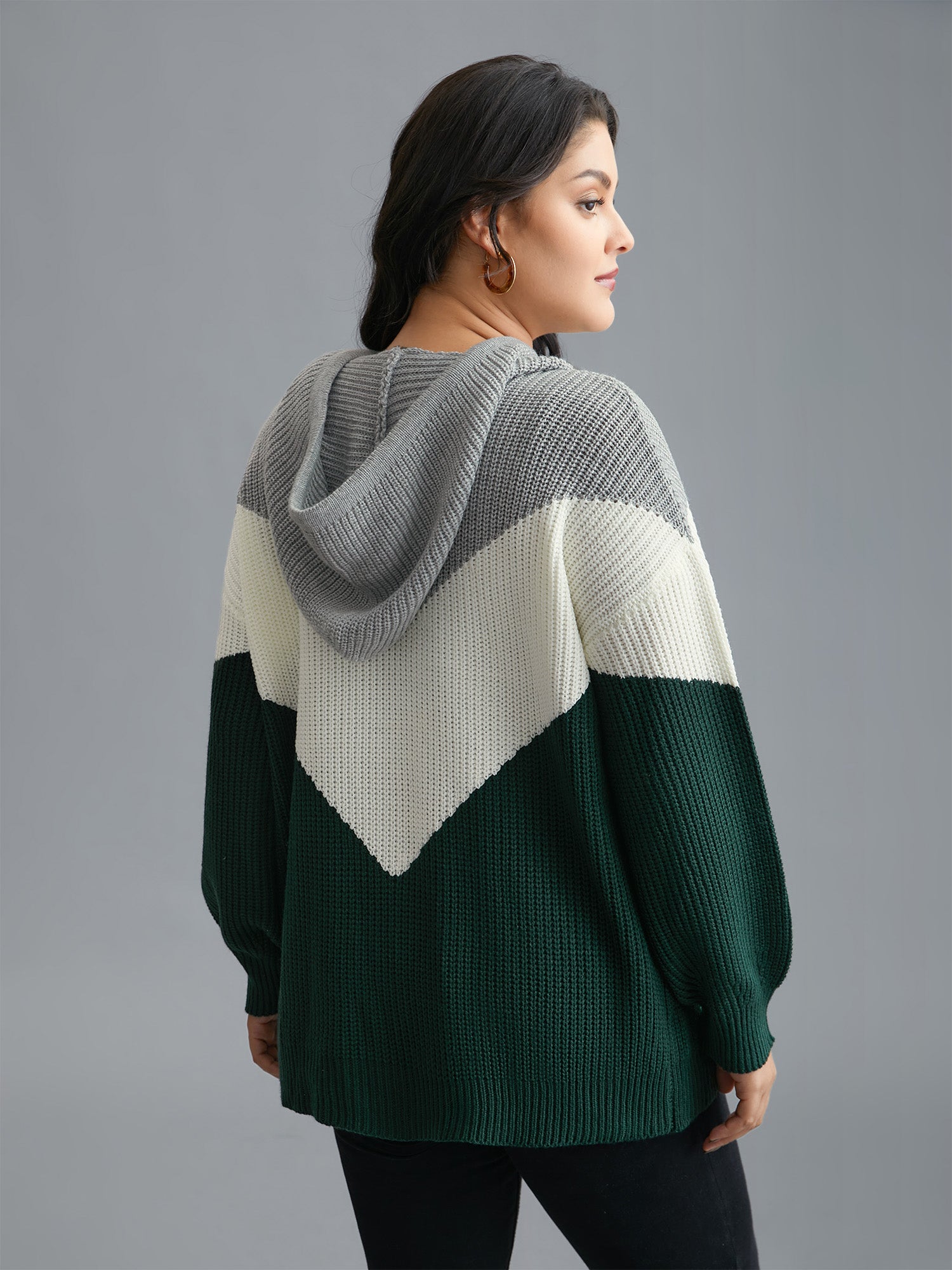 Hooded Color Contrast Drop Shoulder Pullover