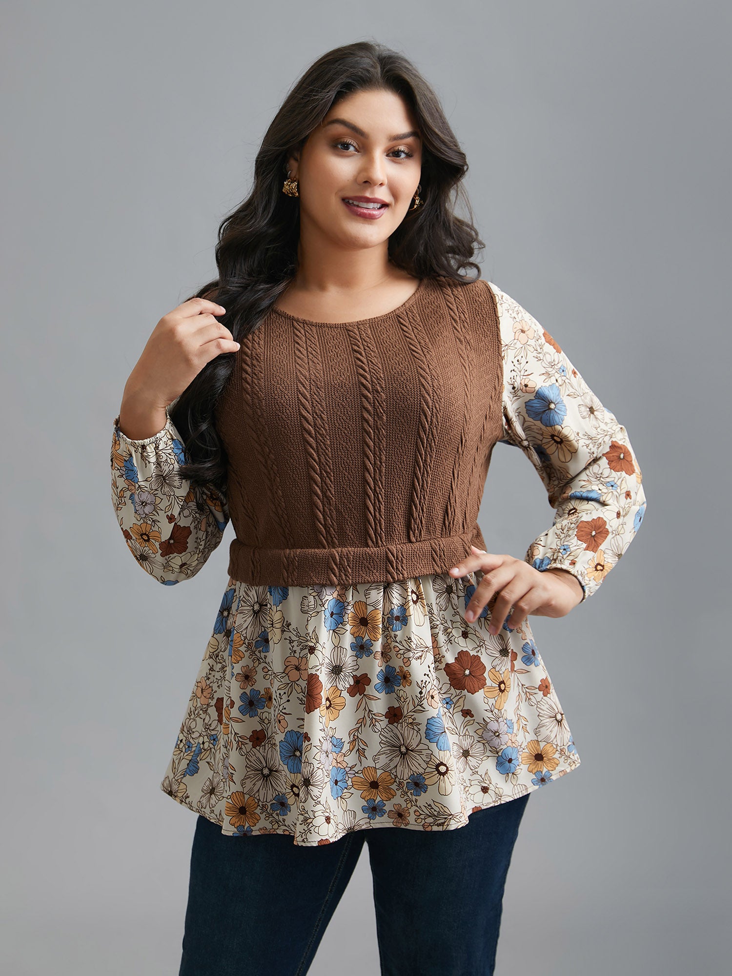 Mixed Texture Floral Combined Blouse