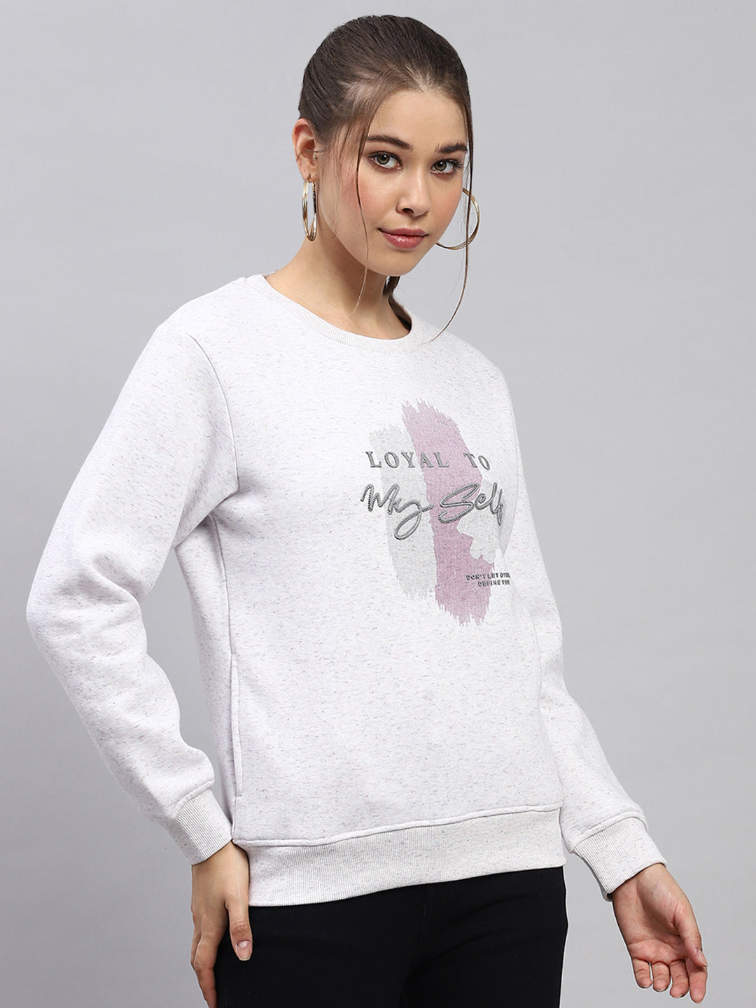 Women Grey Printed Round Neck Full Sleeve Sweatshirt