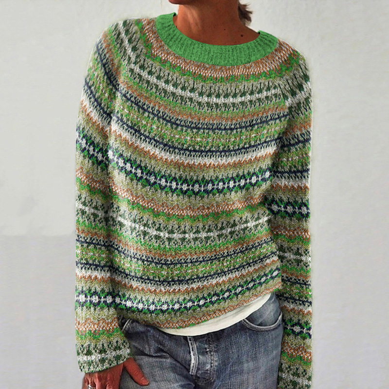 Vintage Icelandic Geometric Knit Pattern Women's Crew Neck Sweater