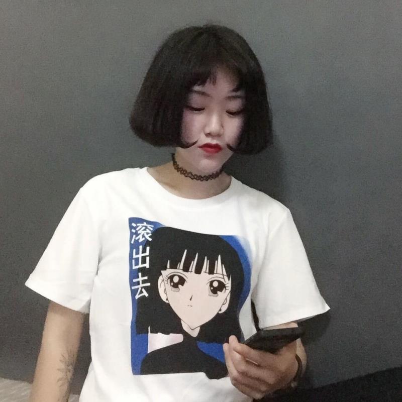 Black Haired Girl White Cotton T-shirt