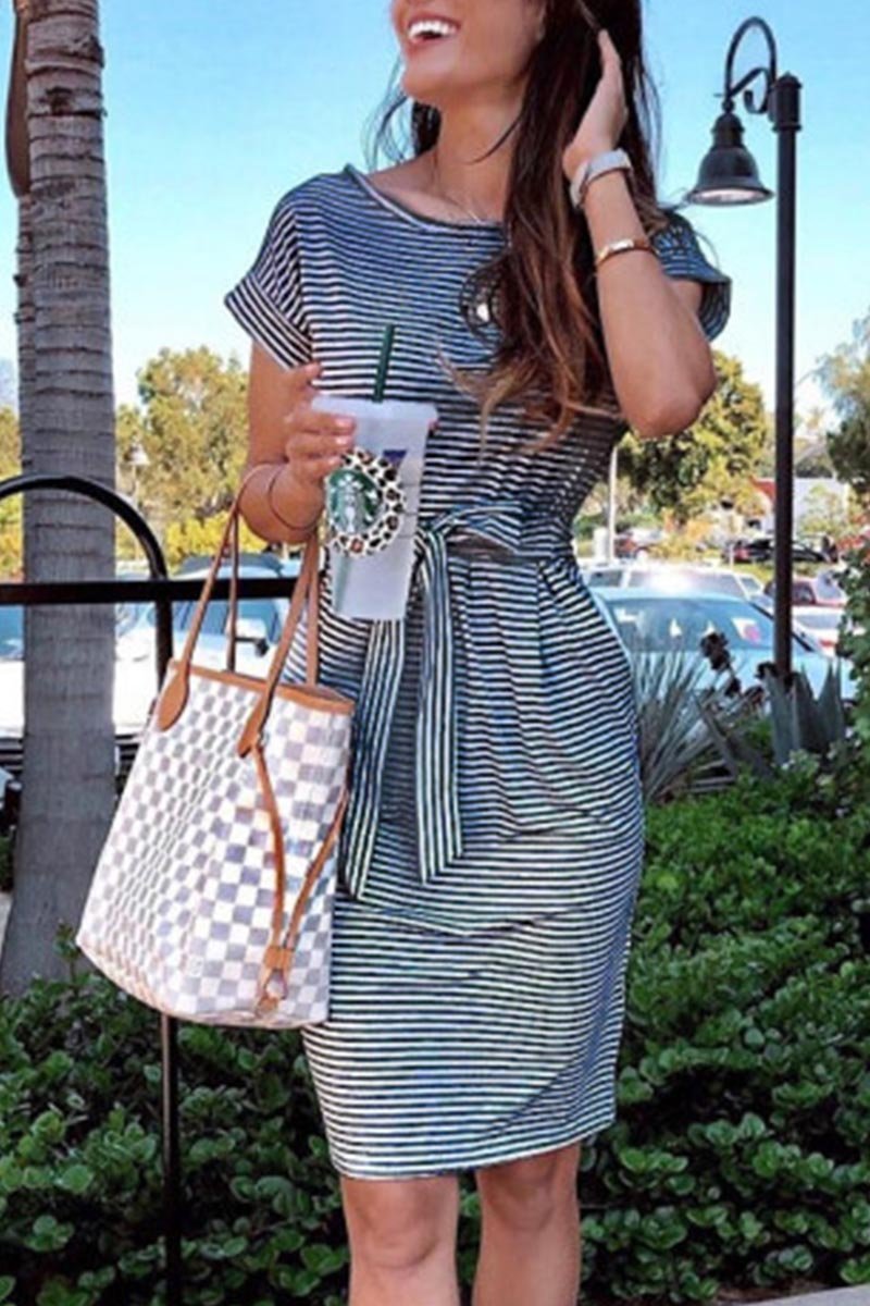 Florcoo Striped Knot Design Grey Midi Dress(5 Colors)